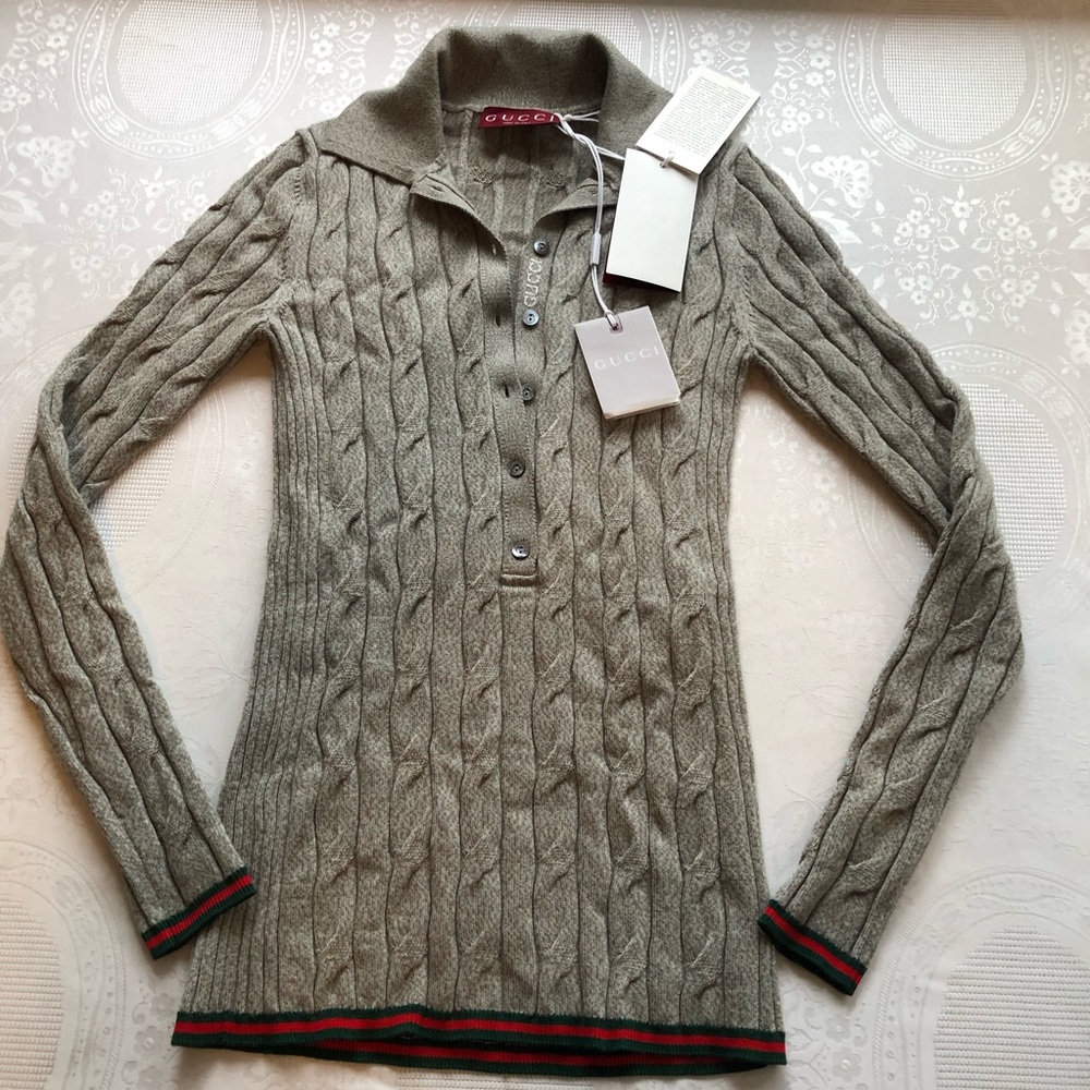 Gucci Gray Cable-Link Rib Knit Wool Polo Top Button-Up Sweater Women’s Size XS - Picture 6 of 16